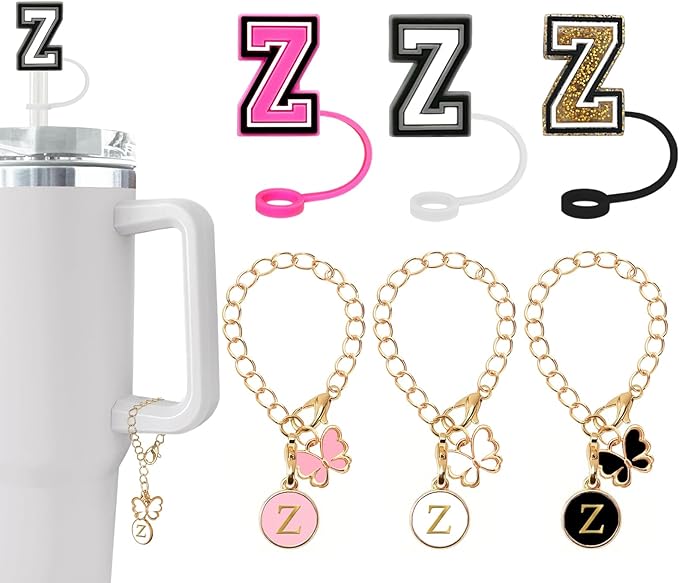 （3 +3) Nuozme Straw Cover Compatible with Stanley Tumbler Cup 3PCS Letter Straw Caps Toppers with 3 Initial Butterfly Charms Name ID For Stanley 30&40 Oz Cup