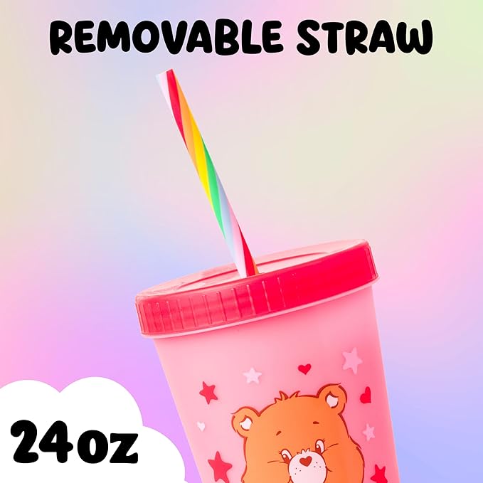 Silver Buffalo Care Bears Hearts and Stars 4 Pack Plastic Color Changing Tumblers with Rainbow Swirl Straws Featuring Tenderheart, Funshine, Cheer, and Grumpy Bear 24 Ounces