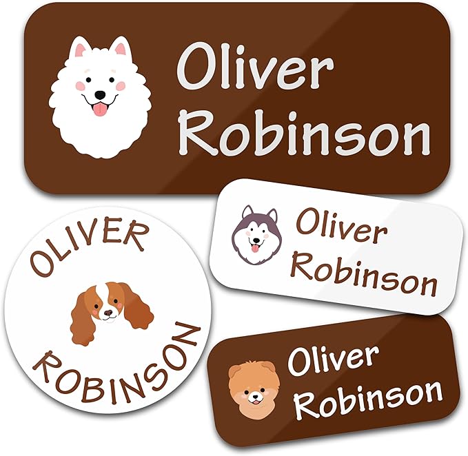 Personalized Daycare Name Labels for Kids (130 Labels) - Custom Waterproof Name Stickers for Clothing Tags, Water Bottles, Lunch Boxes and School Supplies (Dogs)