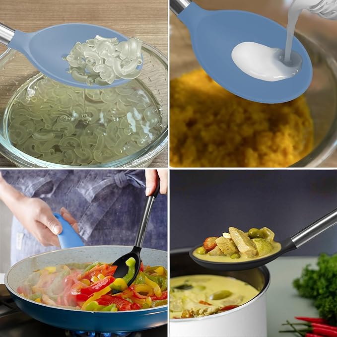 Pack of 2 Large Silicone Cooking Spoons,Non Stick Solid Basting Spoon,Heat-Resistant Kitchen Utensils for Mixing,Serving,Draining,Stirring (Starry Blue)