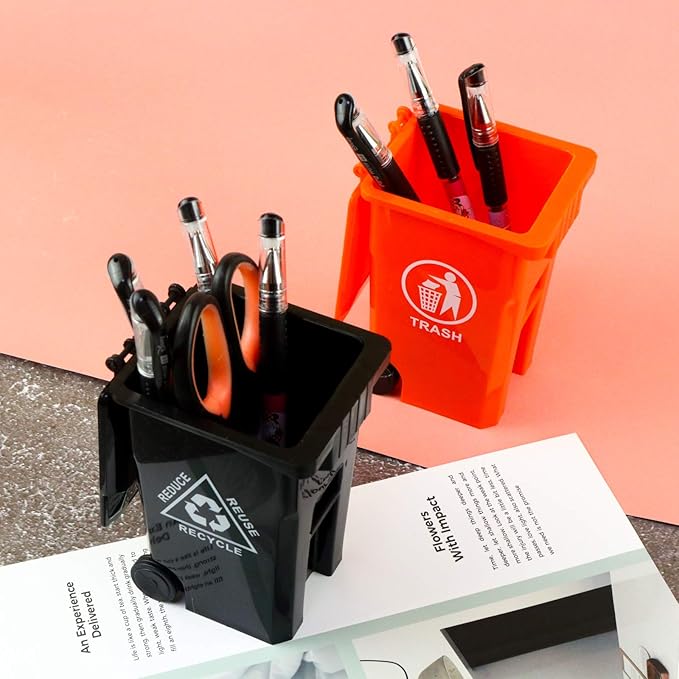 Wiosi Mini Garbage Trash Pen Holder for Desk and Tiny Recycle Bin Pencil Holder Black & Orange, Pack of 2 - Storage for Pencil & Pen | Office Stationery to Organize The Desk | Ideal for Student Work
