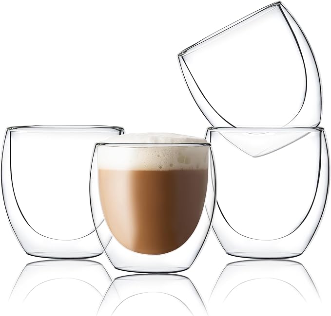 CNGLASS Double Wall Glass Espresso Cups 8.5oz,Insulated Clear Coffee Cup Set of 4