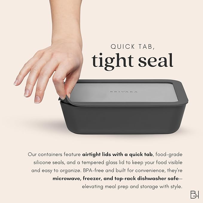 Ceramic Coated Glass Food Storage Container | No PTFE, PFOA, PFAS, and BPA | Reusable Non Toxic Meal Prep Container with Glass Lid | Easy To Store | 5 Cup Square [Onyx]