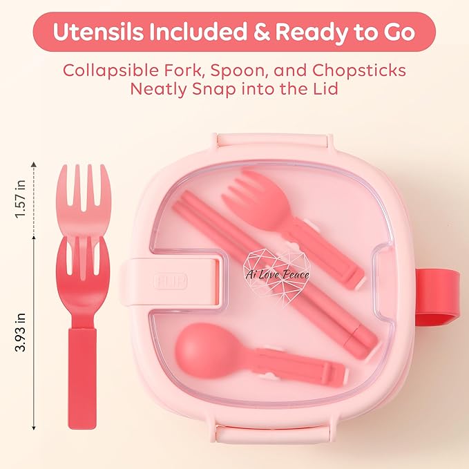 AI LOVE PEACE Microwavable Ramen Bowl with Lid - Leakproof Noodle Container with Built-In Utensils, BPA-Free, Dishwasher & Freezer Safe [Bright Pink]