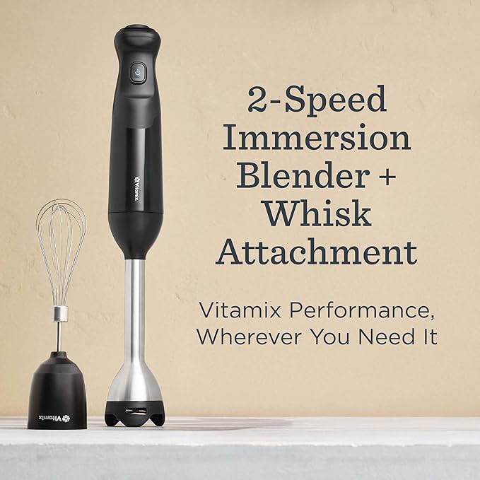 Vitamix 2-Speed Immersion Blender + Whisk Attachment, Professional-Grade Hand Blender with 350-Watt Motor and Stainless-Steel Blade, Black