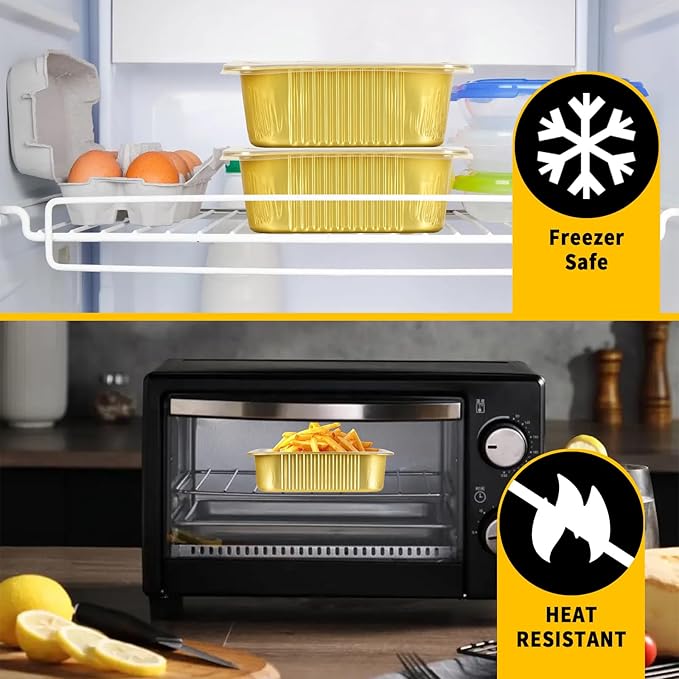 40 Pack 7.2"×5"×1.8" Gold Aluminum Foil Pans with Lids Heavy Duty, 1.5 LB Foil Food Containers with Lids, Disposable Tin Foil Pans for Baking, Meal Prep, Freezer, Heating and Takeout