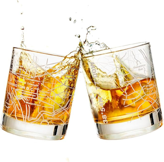 Greenline Goods Whiskey Glasses - 10 Oz Tumbler Gift Set for Washington, DC lovers, Etched with Washington, DC Map | Old Fashioned Rocks Glass - Set of 2