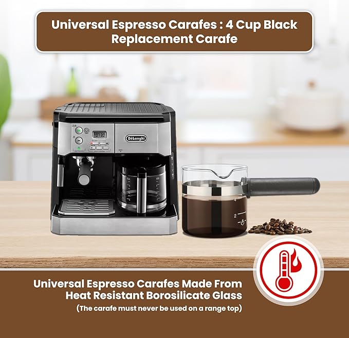 Cafe Brew Collection Premium 4-Cup Universal Glass Espresso Carafe Replacement - Fits Hamilton Beach, Mr. Coffee, Breville, and More Espresso Machines
