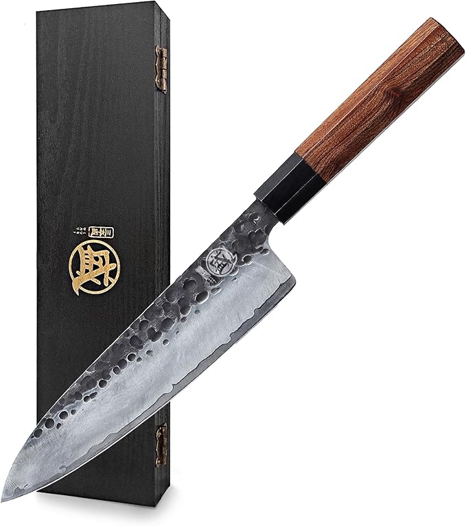 MITSUMOTO SAKARI 8 inch Gyuto Chef Knife, Japanese Hand Forged Kitchen Chef's Knives, 3-Layer 9CR18MOV High Carbon Steel, Rosewood Handle & Sandalwood Box