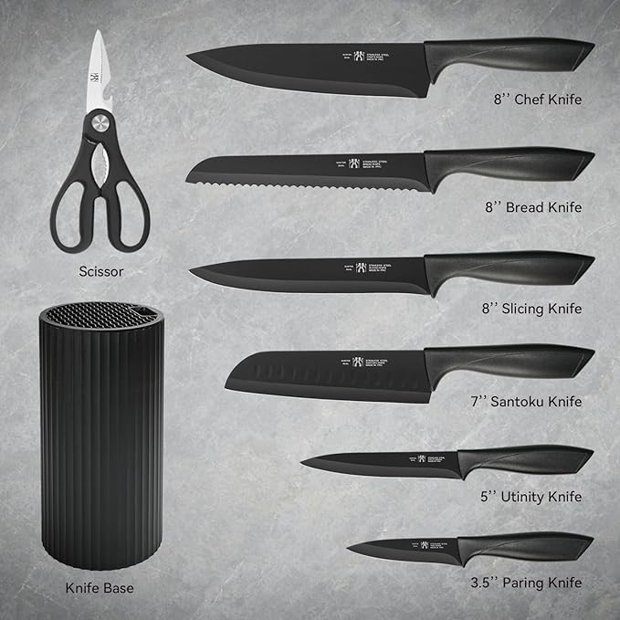 Knife set, 8-Piece Kitchen Knife Set for Chef, Sharp Knife Set with Universal Knife Block, Anti-Rust Kitchen Knife Block Set, Ergonomical Design (Dark Black)