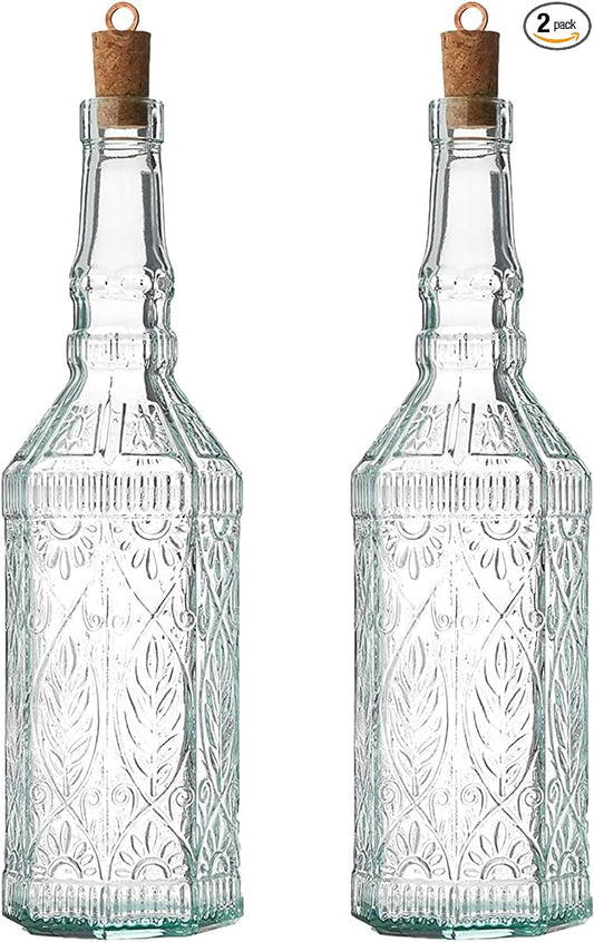 Bormioli Rocco Set Of 2 Country Home Fiesole Bottle, 24-ounce With All Natural Cork Lid, Blue-green Tinted Star Glass, Elegant And Floral Design Made In Italy.