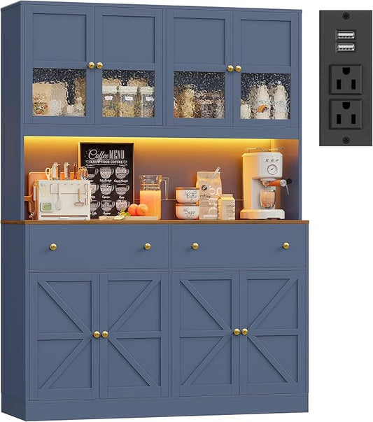 FINETONES 71" Pantry Cabinet with LED Light and Charging Station, Farmhouse Kitchen Pantry Cabinet with Microwave Stand, 47.2" Wide Kitchen Hutch Food Pantry with Open Countertop, Blue