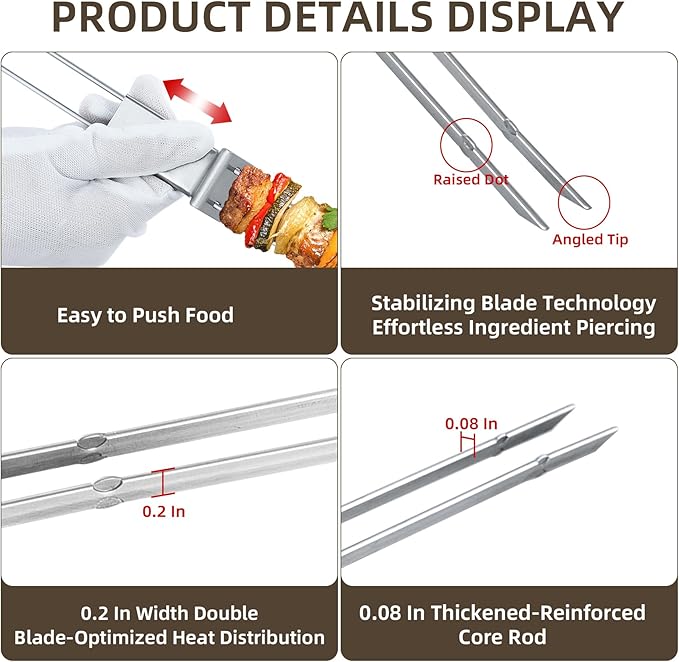 13inch 12(packs) Double Fork Flat Stainless Steel BBQ Skewers with Push Bar, Reusable Skewers for Grilling Kabob Skewer for Meat, Vegetable, BBQ Accessories