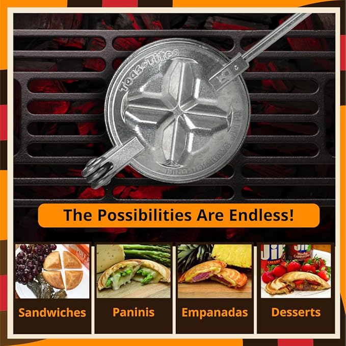 Handheld Sandwich Maker (Tid Bit), Portable Sandwich Grill & Panini Press, Cast Aluminum Pie Iron, 1945 Retro Stovetop & Campfire Toaster for Hot Sandwiches, Pies, Paninis, RV & Camping
