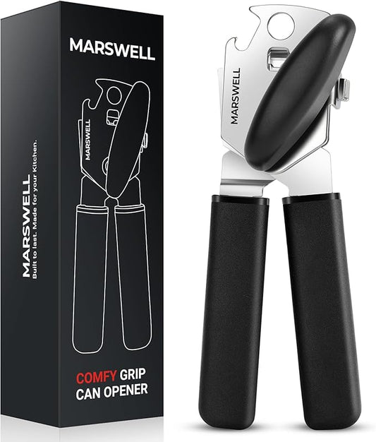 Can Opener Manual, MARSWELL Comfy Grip Can Opener Hand Held with Magnetic Lifter, Smooth Cutting Sharp Blade, Manual CanOpener for Seniors with Easy Turn Knob, Black