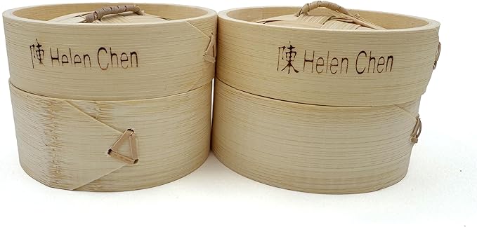 Helen's Asian Kitchen Bamboo Food Steamer with Lid - 100% Natural Bamboo - Basket Steamers for Cooking Dumplings, Dim Sum, Veggies, Fish, Meat - Preserve Nutrients & Flavors - 4-Inch, Set of 2