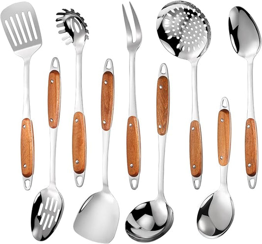304 Stainless Steel Cooking Utensils Set,9PCS Metal Kitchen Utensils Set with Wooden Handle,Solid Spoon,Spatula,Ladle,Skimmer,Spaghetti Spoon,Dishwasher Safe