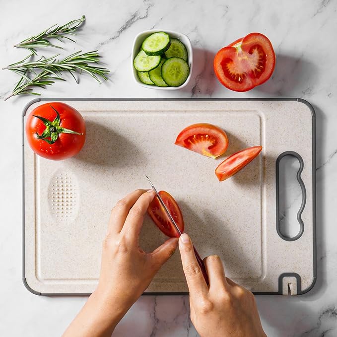 Titanium Cutting Board Double Sided for Kitchen,Knife Sharpener & Garlic Grater Wheat Straw + PP with Juice Groove Large Chopping Board（15×10In） Kitchen Necessities for Home