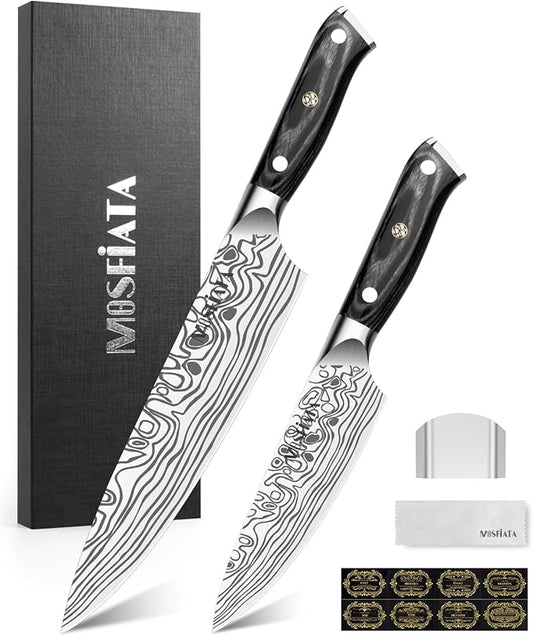 MOSFiATA 2Pcs Chef Knife Set, Sharp Kitchen Knife High Carbon German EN1.4116 Stainless Steel Cooking Knife, 9"&6" Chopping Knife Kitchen Knives Set with Ergonomic Handle, Gift Box