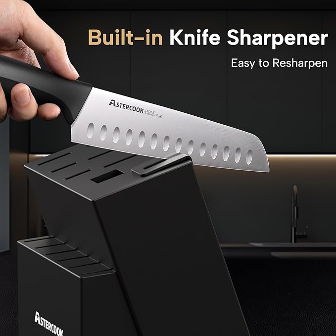 Astercook Knife Set, 15 Pieces Kitchen knives Set with Built-in Sharpener, High Carbon German Stainless Steel Chef Knife Block Sets, Sharp & Rust Resistant Dishwasher Safe, Black