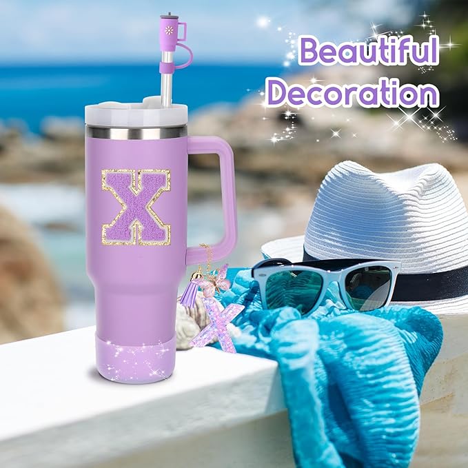 Mity rain 6PCS Cup Accessories Set for Stanley Cup 30oz 40oz tumbler with handle, Including Silicone Straw Topper Cover Cap and Boot, Spill Proof Stopper, Handle Charm, Initials Sticker (Letter X)