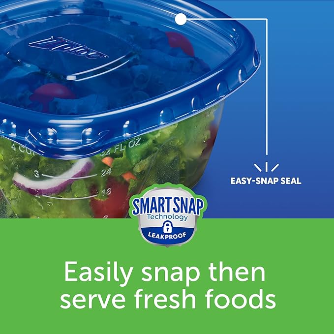 Ziploc Food Storage Meal Prep Containers Reusable for Kitchen Organization, Smart Snap Technology, Dishwasher Safe, Deep Square, 24 Count