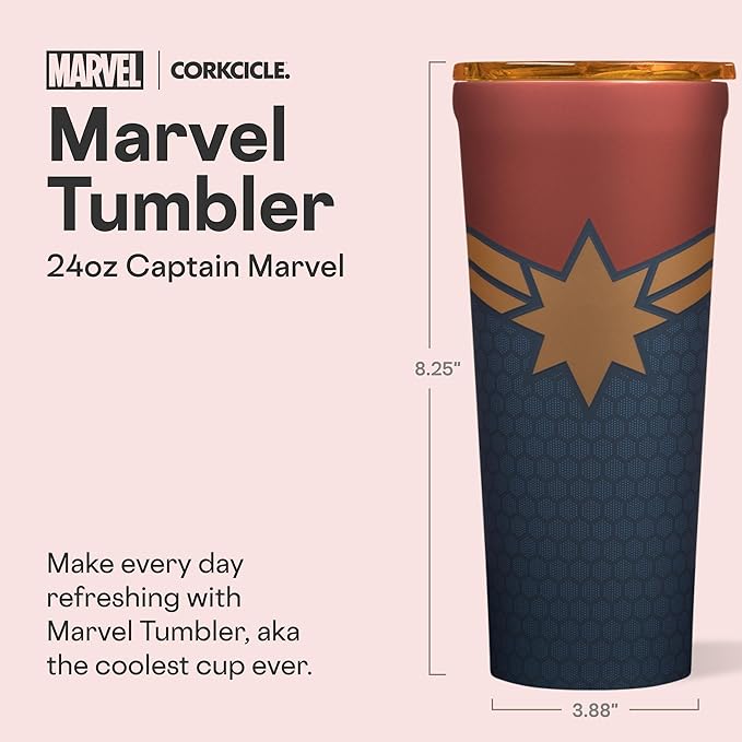 Corkcicle Disney Tumbler - Triple-Insulated Stainless Steel - Keeps Drinks Cold 9 Hours - Spill-Proof Lid - Reusable - Summer Drinkware Gift - Keeps Drinks Ice Cold - 24 oz - Captain Marvel