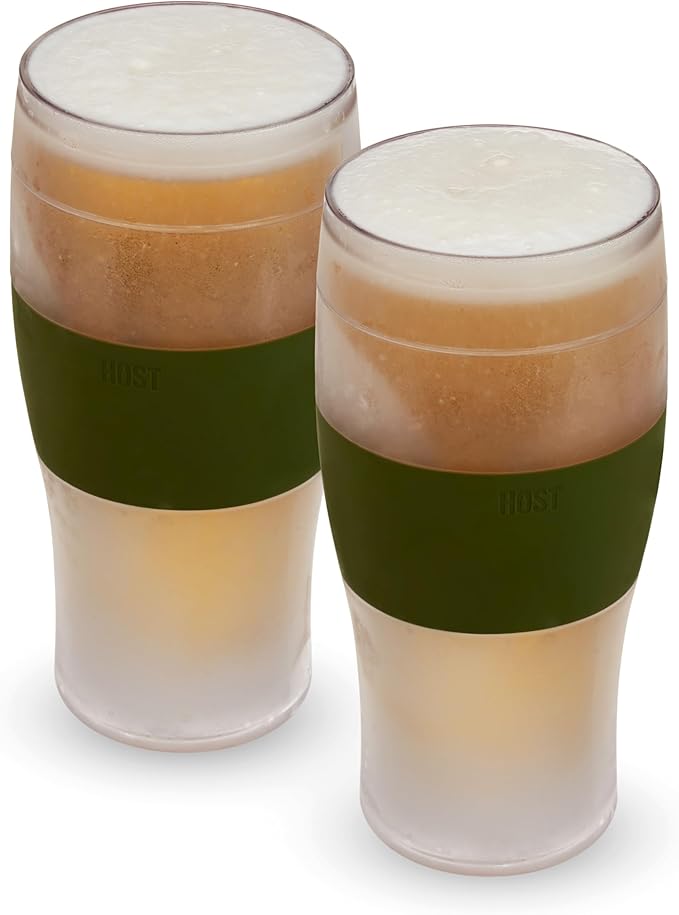 HOST FREEZE Beer Cooling Cups, Frozen Beer Mugs, Freezable Pint Glass Set, Insulated Pint Glass to Keep Your Drinks Cold, Double Walled Insulated Glasses, Gift for Dad,16oz, Set of 2, Olive