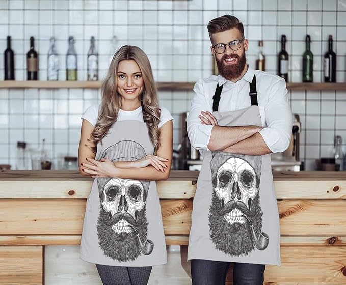 EKOBLA Skull Aprons Sailor Sea Captain Hipster Pipe Beard Skeleton Man Dead Waterproof Resistant Chef Cooking Kitchen BBQ Adjustable Aprons for Women Men 27x31 Inch