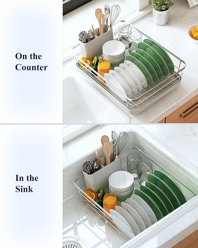 Kitsure Dish Drying Rack for Kitchen Counter, Stainless Steel Sink Organization and Storage Essentials with Cutlery Holder, Home and Appartment Decor, 12''W x 15.5''L, Silver Grey