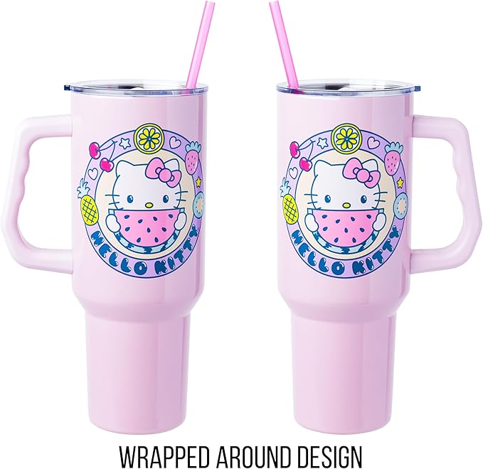 Silver Buffalo Sanrio Hello Kitty Summer Kawaii Fruits Stainless Steel Tumbler with Handle, Fits in Standard Cup Holder, 40 Ounces