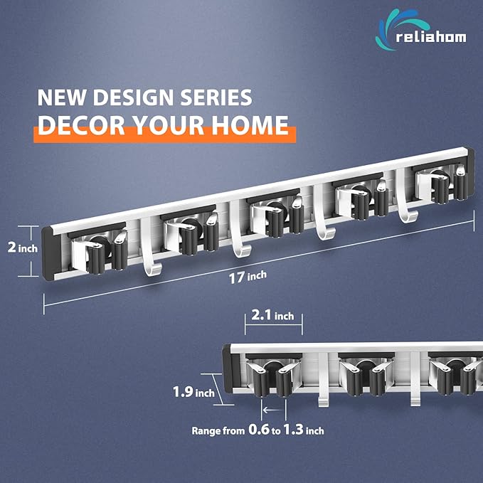 reliahom 2 Pack Broom Holder Wall Mount Mop and Broom Hanger Wall Mounted Garage Storage Rack Kitchen Garden Tool Organizer (5 Racks with 4 Hooks, Black)