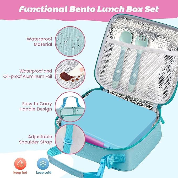 Kids Bento Lunch Box with Thermos, Leakproof Toddler Bento Box with 9 OZ Insulated Food Jar, Lunch Bag & Utensils 3 or 4 Compartment Container for School Girls Boys