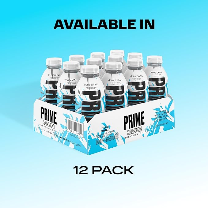 PRIME Hydration ICE BLUE CHILL, Sports Drinks, Electrolyte Enhanced for Ultimate Hydration, 250mg BCAAs, B Vitamins, Antioxidants, Low Sugar, 16.9 Fl Oz, 12 Pack