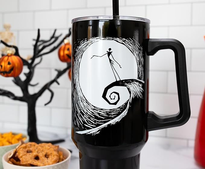 Silver Buffalo Disney Nightmare Before Christmas by Tim Burton Jack Skellington Hill and Moon Drawing Stainless Steel Tumbler with Handle and Straw, Fits in Standard Cup Holder, 40 Ounces