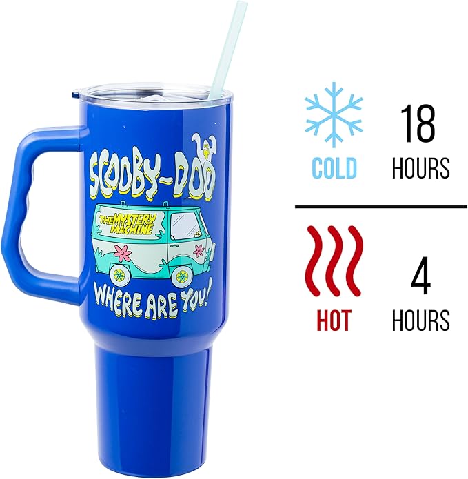 Silver Buffalo Scooby-Doo “Where Are You!” Stainless Steel Tumbler with Handle Featuring The Mystery Machine, Fits in Standard Cup Holder, 40 Ounces (Pack of 12)