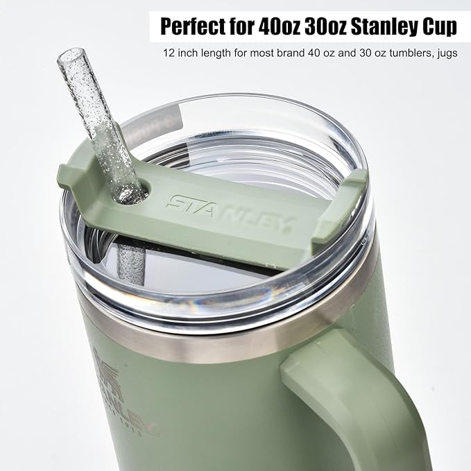 ALINK 10 Pack Replacement Straws for Stanley 40 oz 30 oz Tumbler, 12 in Long Reusable Plastic Clear Glitter Straws for Stanley Cup Accessories, Half Gallon Jug, Plus 2 Cleaning Brush