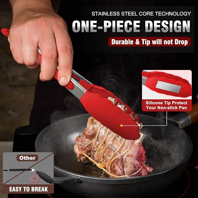 Walfos Kitchen Tongs - 7" 9" and 12" Heat Resistant Cooking Tongs, Stainless Steel and BPA Free Silicone Tips, Great for Cooking, Salad, Grilling, Turning, Dishwasher safe,set of 3