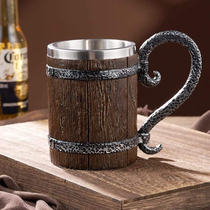 Arola Handmade Wooden Barrel Beer Mug, Stainless Steel Vintage Beer Cup, Medieval Drinkware Mug for Coffee/Beverage/Juice17oz Gift for Men.