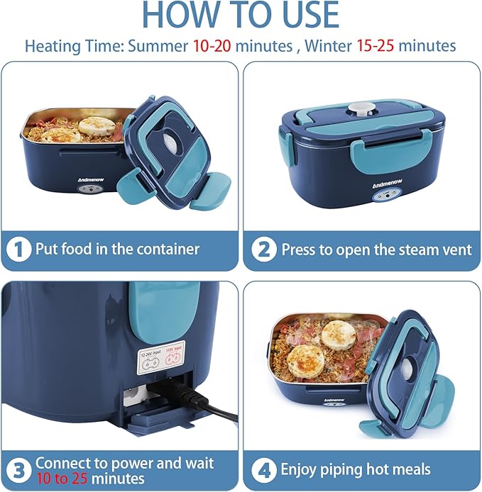 Heated Lunch Box for Adults – 80W 1.5L Electric Lunch Box with 12/24/110V, Portable Food Warmer for Work & Travel | Stainless Steel Inner Pot | Lonchera Electrica Portatil para Hombres y Mujeres