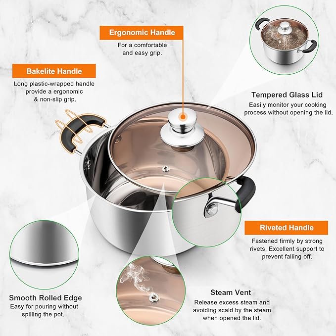 4 Quart Stock Pot with Lid, P&P CHEF Stainless Steel Cooking Pot Stockpot for Soup and Pasta, Heat-proof Handle & Glass Lid, Dishwasher Safe & Non Toxic