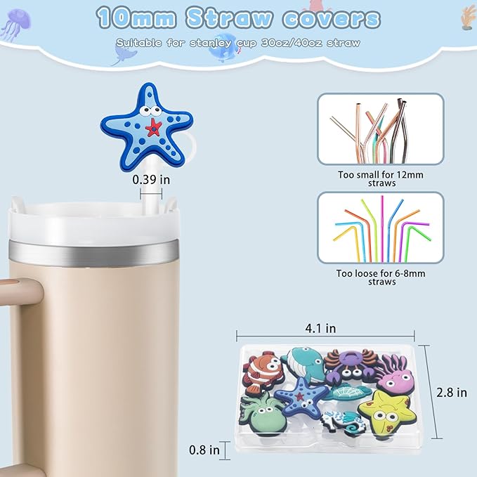 9PCS Straw Covers for Stanley Cup Tumbler 30 oz / 40 oz Leak Proof Straw Toppers 10mm Silicone Sea Animal Caps for Stanley Cup Accessories-Marine Wildlife
