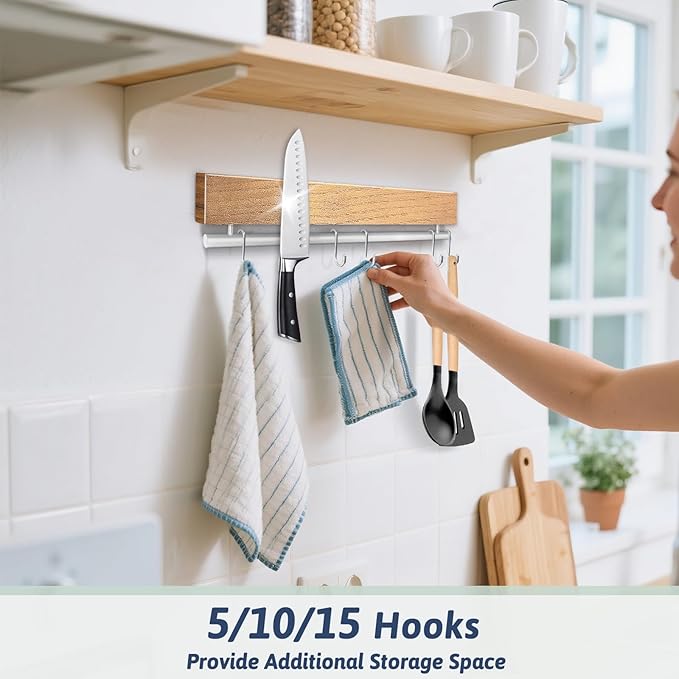 12 Inch Magnetic Knife Holder for Wall Wooden Magnet Knife Strip No Drill with 5 Hooks/Adhesive Tape/Screws, Kitchen Utensil Holder, Magnetic Knife Organizer, Wall Mounted Knife Storage