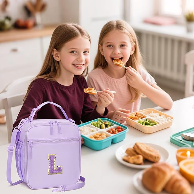 Initial Insulated Lunch Bag for Girls Kids, Back to School Gift, Reusable Leak-proof Lunch Box with Adjustable Strap for School Daycare Travel Picnic (Purple,L)