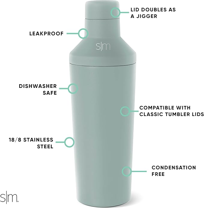 Simple Modern Cocktail Shaker Set with Jigger Lid | Stainless Steel Boston Shaker Insulated Martini Mixer for Mocktails | Gifts for Men Women Him Her | Classic Collection | 20oz | Sea Glass Sage