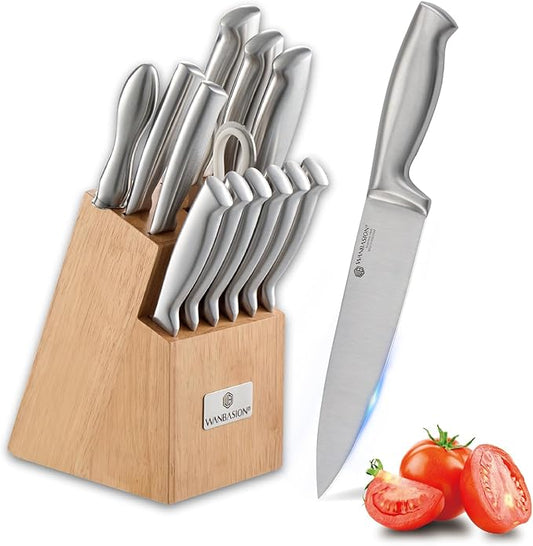 Wanbasion 14Pcs Kitchen Knife Block Set with Sharpener, Sharp Kitchen Knives Set with Block, Stainless Steel Knife Set with Block Dishwasher Safe Silver