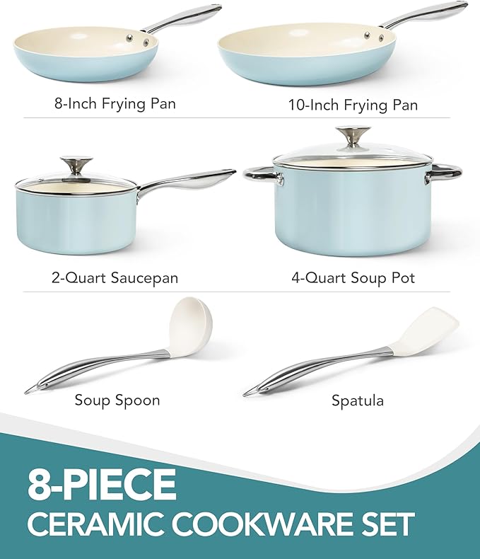 MICHELANGELO Pots and Pans Set Non Stick Ceramic Cookware Set, 8-Piece Nonstick Pots and Pans, Non-Toxic, Oven Safe & Compatible with All Stovetops - Blue
