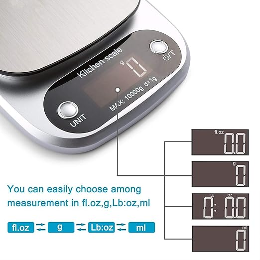 Digital Food Scale, 22lb Kitchen Scale Measures in Grams, Ounces and ML for Weight Loss, Baking, Cooking, 1g/0.1oz Precise Graduation, 304 Food Grade Stainless Steel, Batteries Included