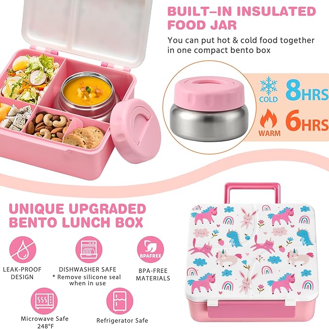 Bento Lunch Box with 9.5 oz Soup Thermo, Kids Leakproof 4 Compartments Bento Box with Silicone Cupcake,Fruit Fork,Spoon and Sauce Cup,Insulated Food Jar for School Travel-Rainbow Horse