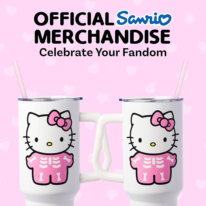 Silver Buffalo Sanrio Hello Kitty Halloween Spooky Skeleton Costume Stainless Steel Tumbler with Handle and Straw, Fits in Standard Cup Holder, 40 Ounces